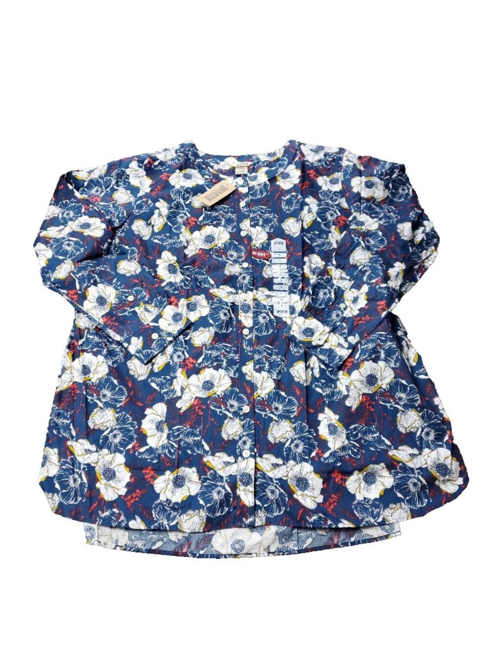 Duluth Trading Wrinklefighter Tunic Womens 2X Plus Size Floral Blue Button Shirt